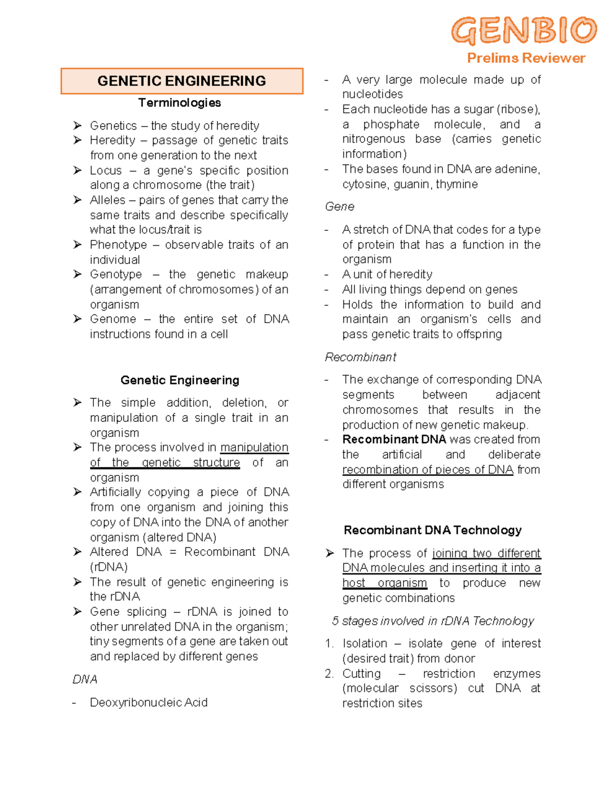 Genbio Prelims - Comprehensive Review of Genetic Engineering Concepts ...