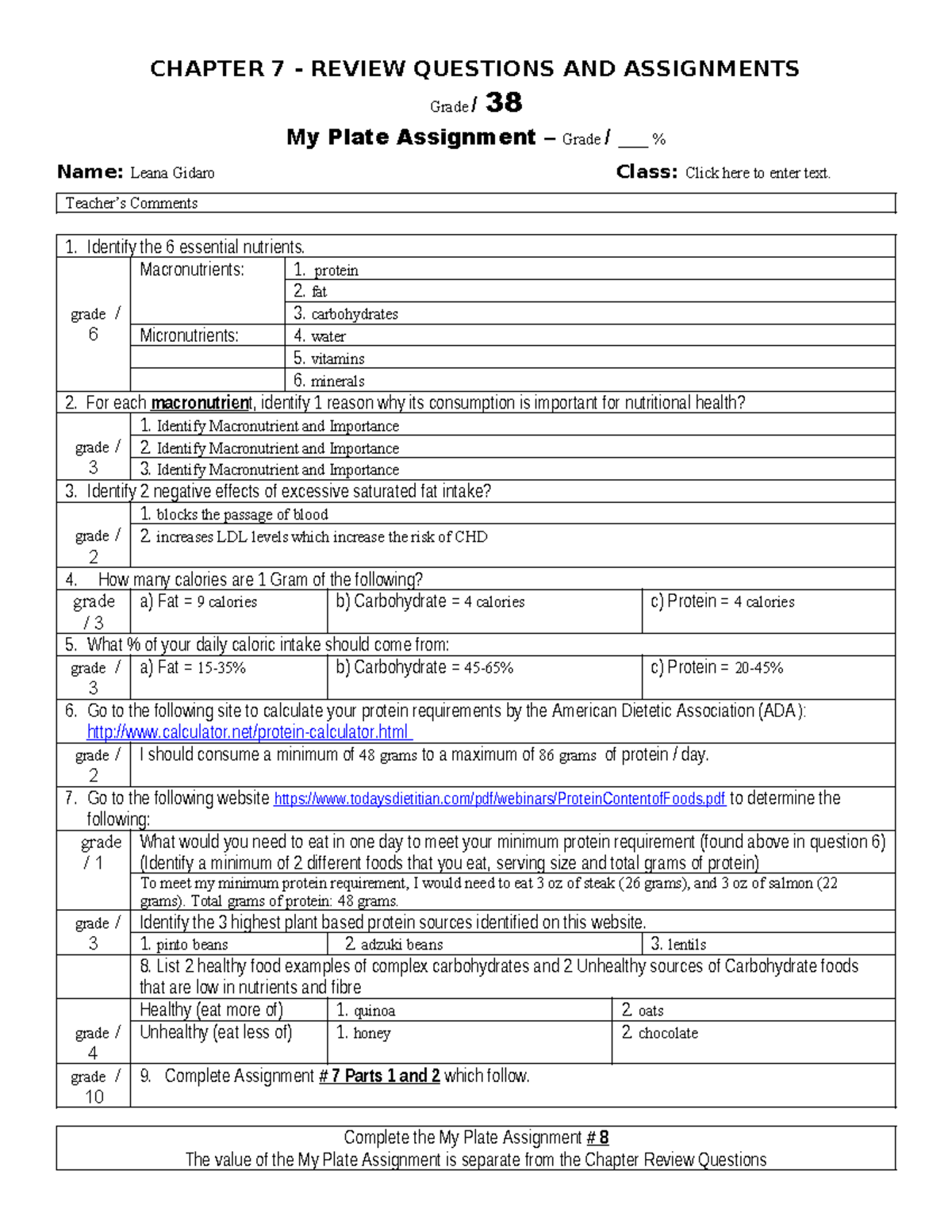 CHAPTER 7 REVIEW: NUTRITION QUESTIONS & MY PLATE ASSIGNMENT - Studocu
