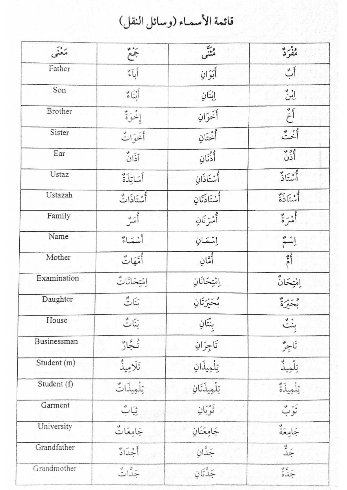 Mufrad Musanna Jama - Notes on Family Relations and Professions - Studocu