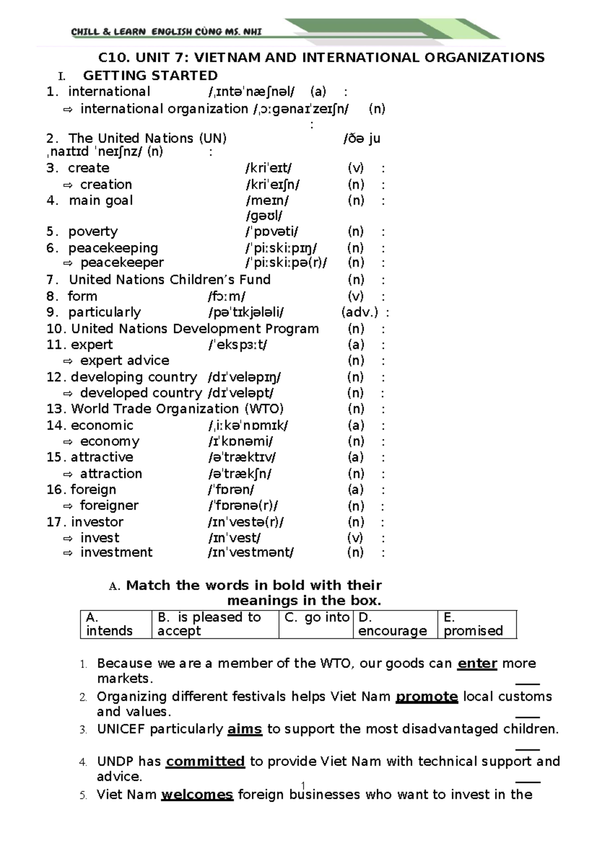 C10. UNIT 7: VIETNAM AND INTERNATIONAL ORGANIZATIONS - STUDY NOTES ...