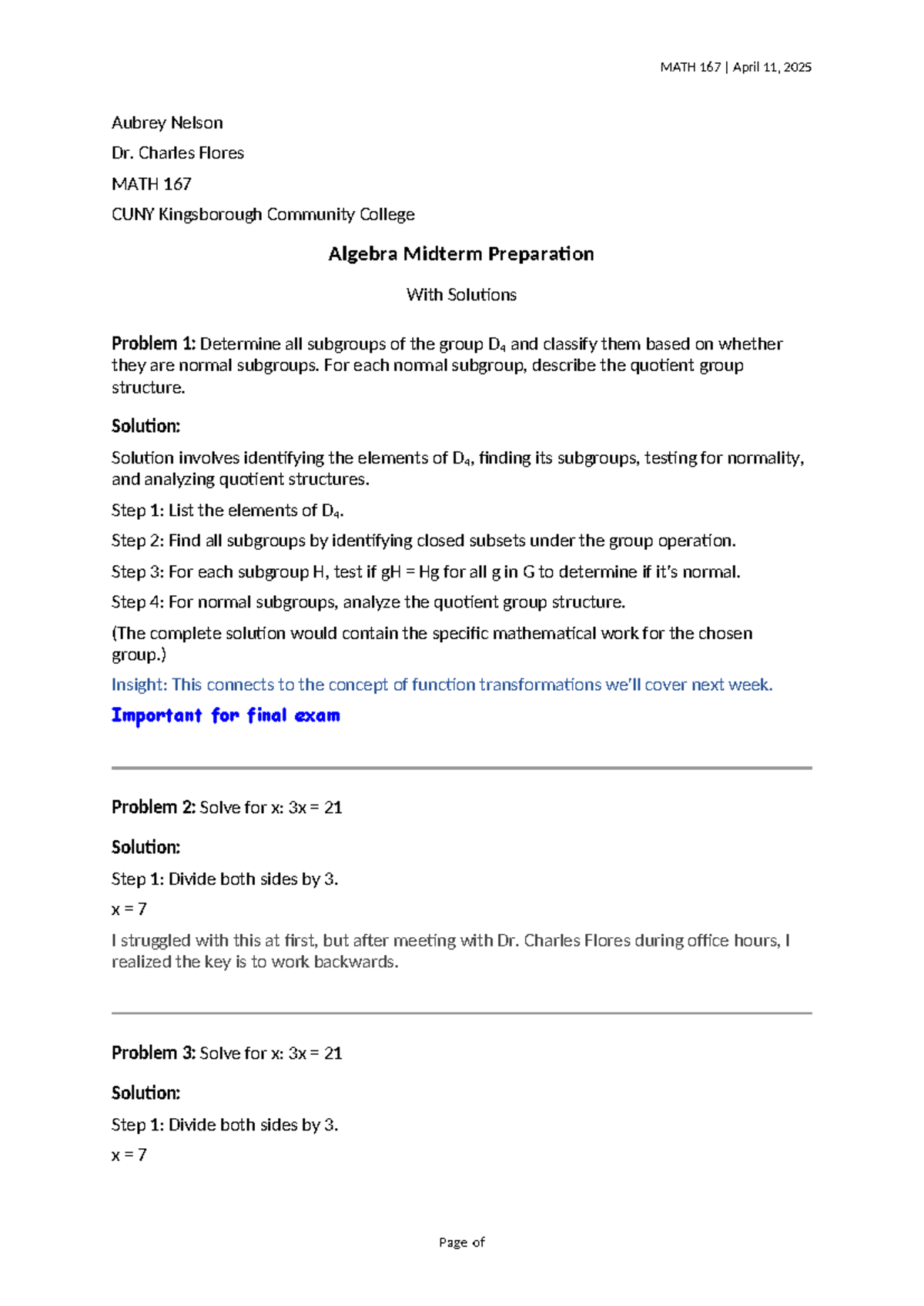 MATH 167 Algebra midterm preparation with solutions and insights - Studocu