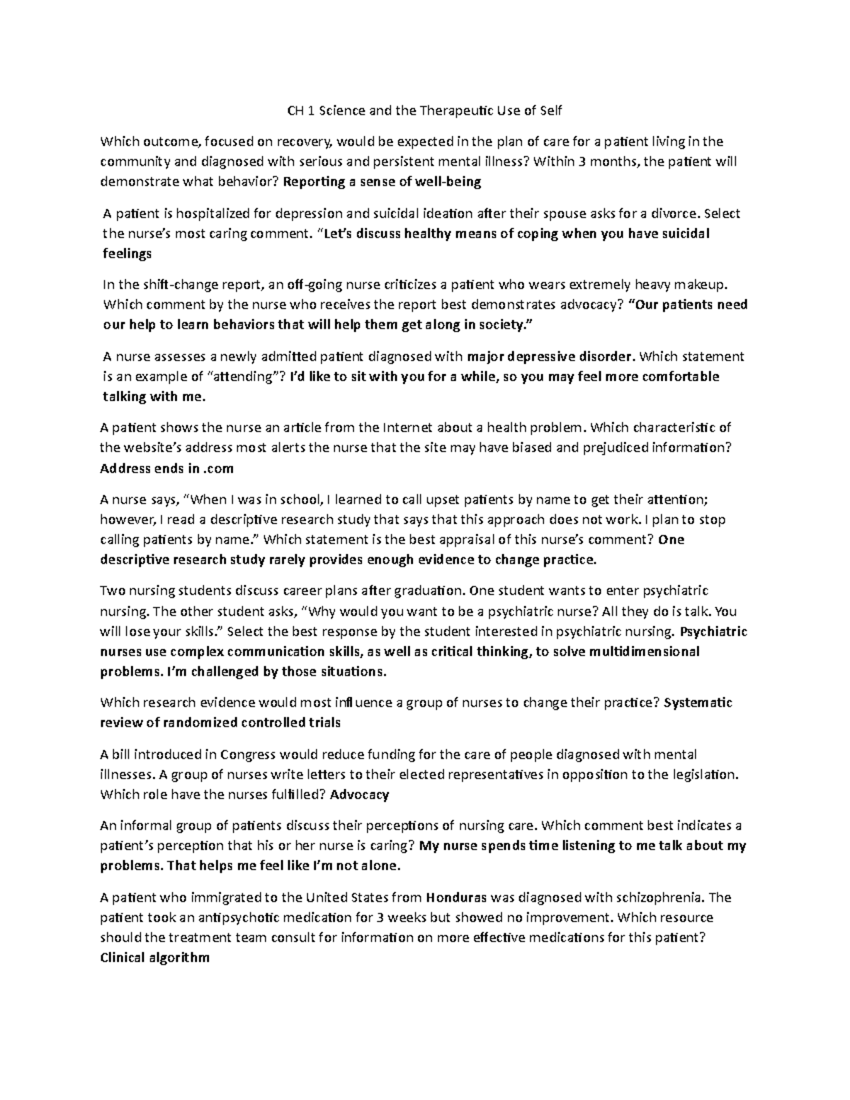 CH 1 Test bank answers - CH 1 Science and the Therapeutic Use of Self ...