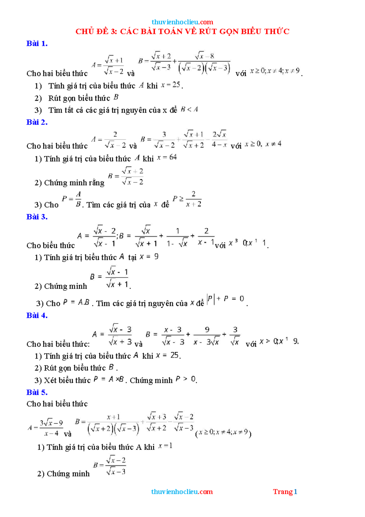 CHỦ ĐỀ 3: CÁC BÀI TOÁN VỀ RÚT GỌN BIỂU THỨC (MATH 101) - Studocu