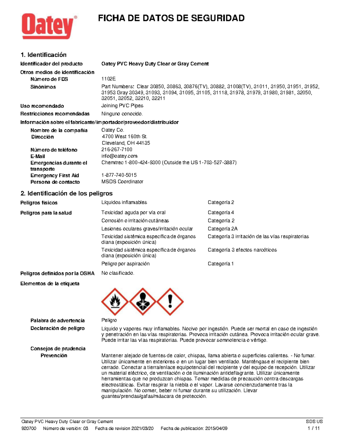 Ficha de Datos de Seguridad: Cemento PVC Oatey 1102E - Document Preview