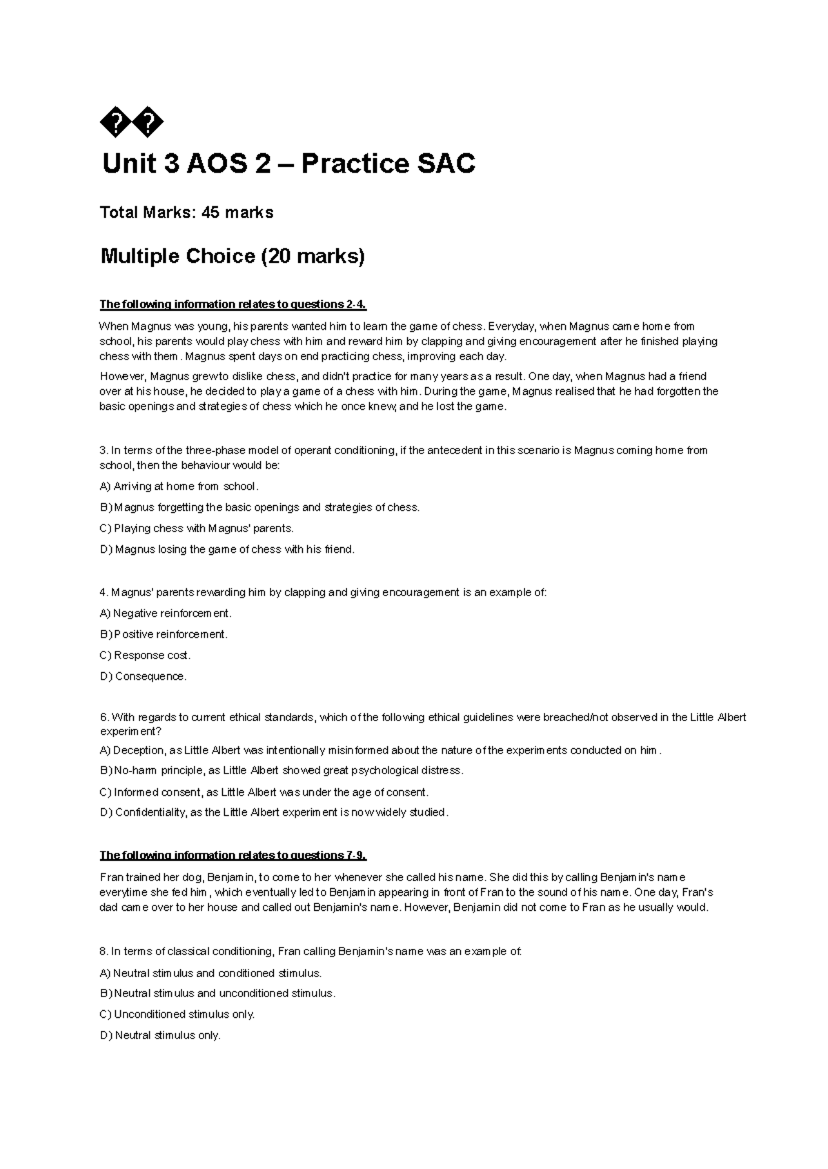 Unit 3 AOS 2 Practice SAC: Learning and Memory Concepts - Studocu