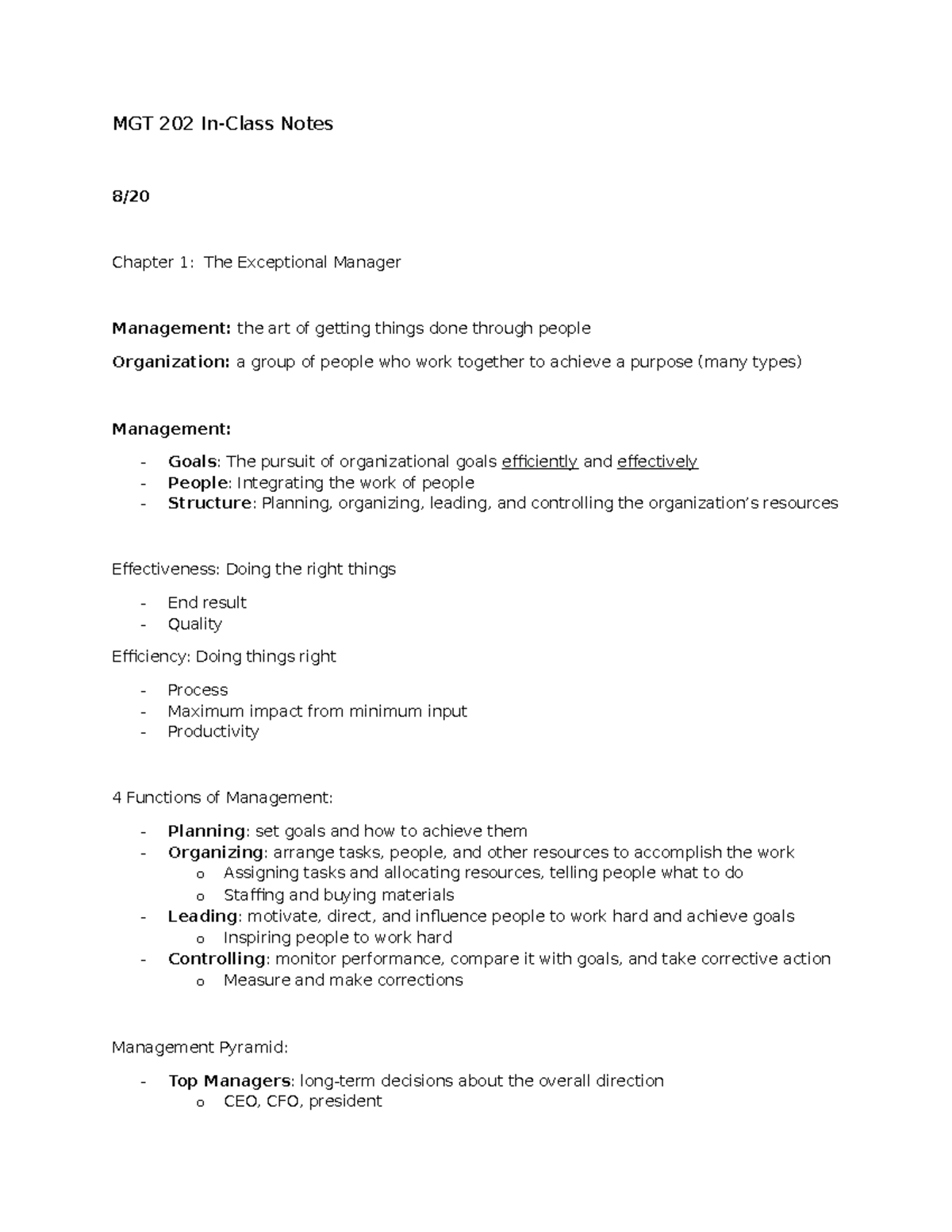 MGT 202 Notes: Chapters 1, 3, and 4 Overview of Management Principles ...