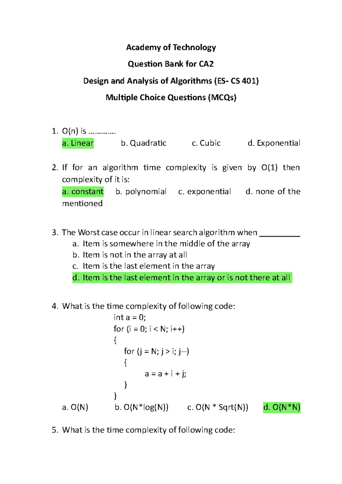 CS 401 CA2 Question Bank: Design & Analysis of Algorithms MCQs - Studocu