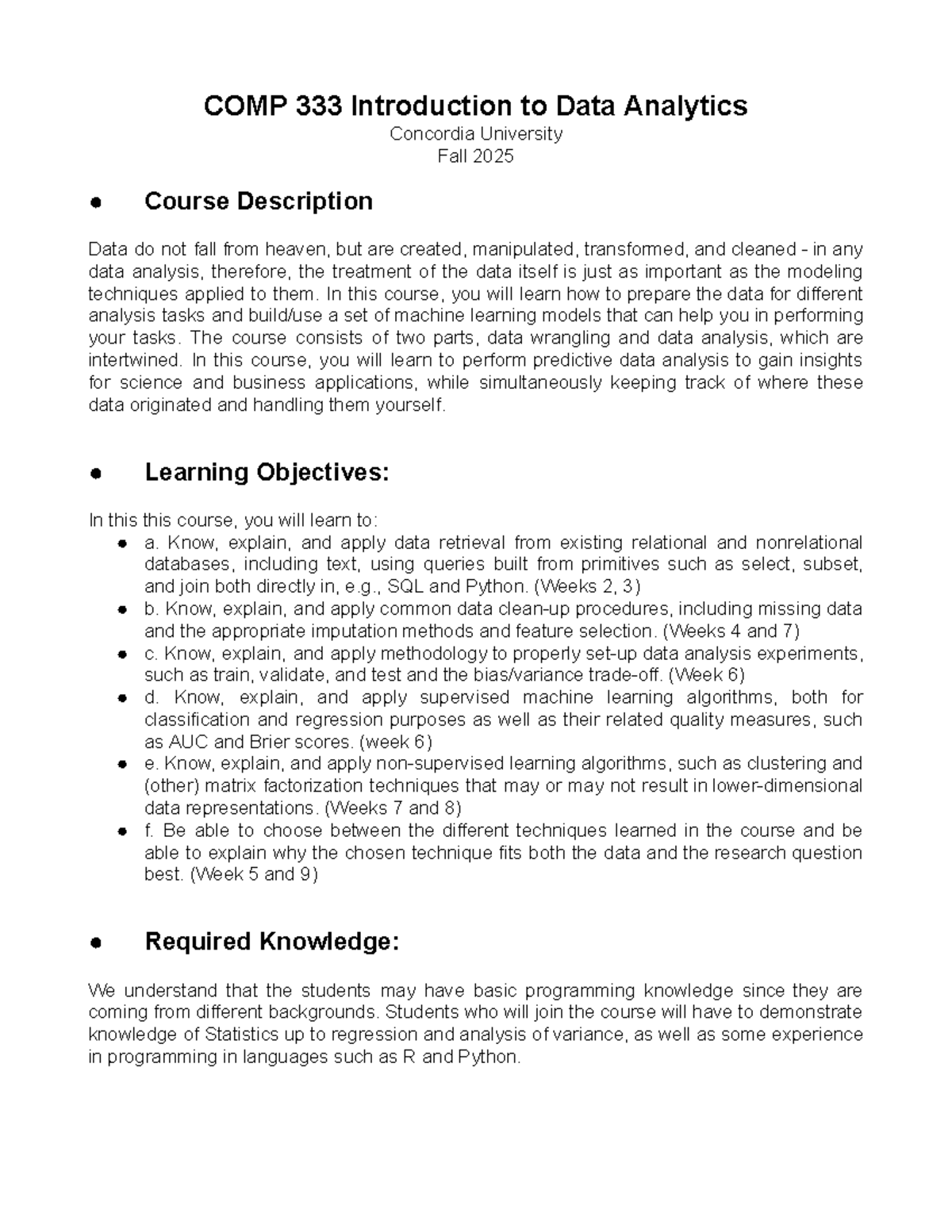 COMP333 Introduction to Data Analytics - Course Outline Fall 2025 - Studocu