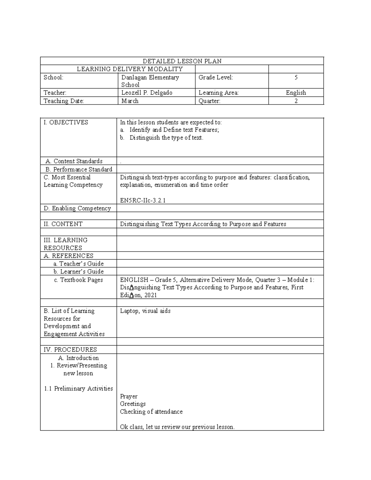English 5. Detailed Lesson Plan on Text Features and Types - Studocu