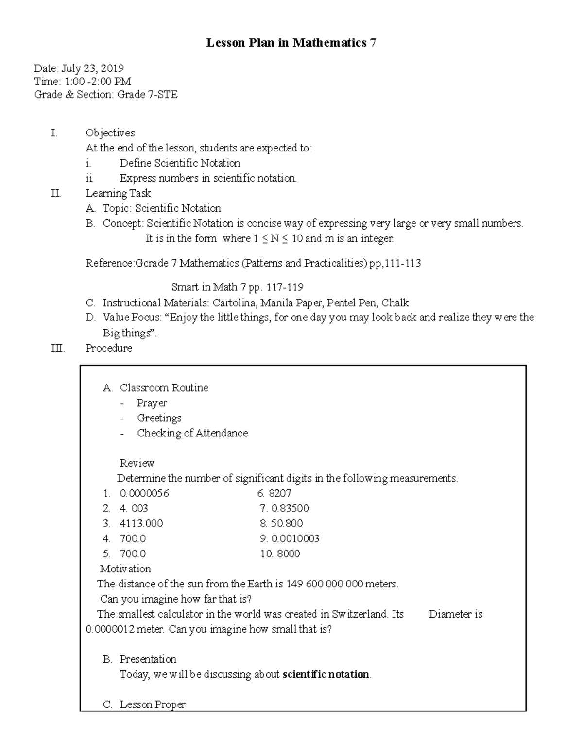 Lesson Plan in Mathematics 7,..Scientific Notation - Lesson Plan in ...