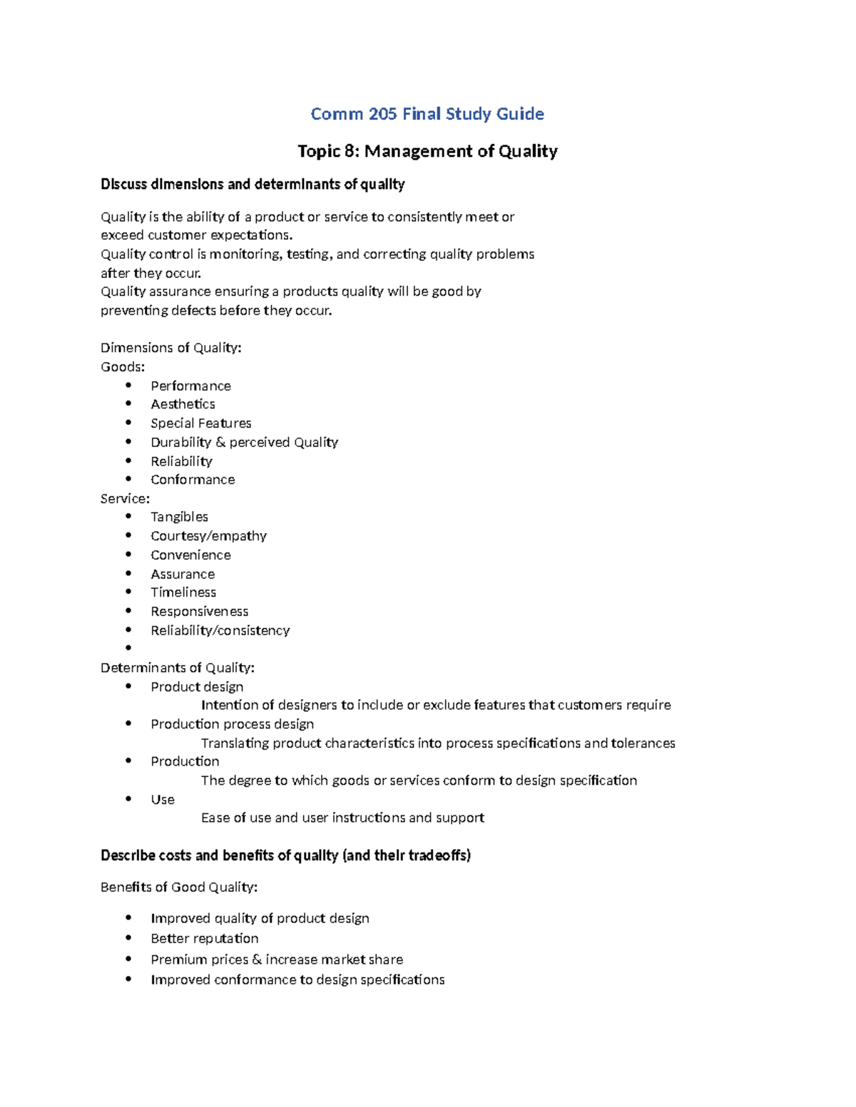 Comm 205 Final Exam Study Guide: Quality Management & Inventory ...