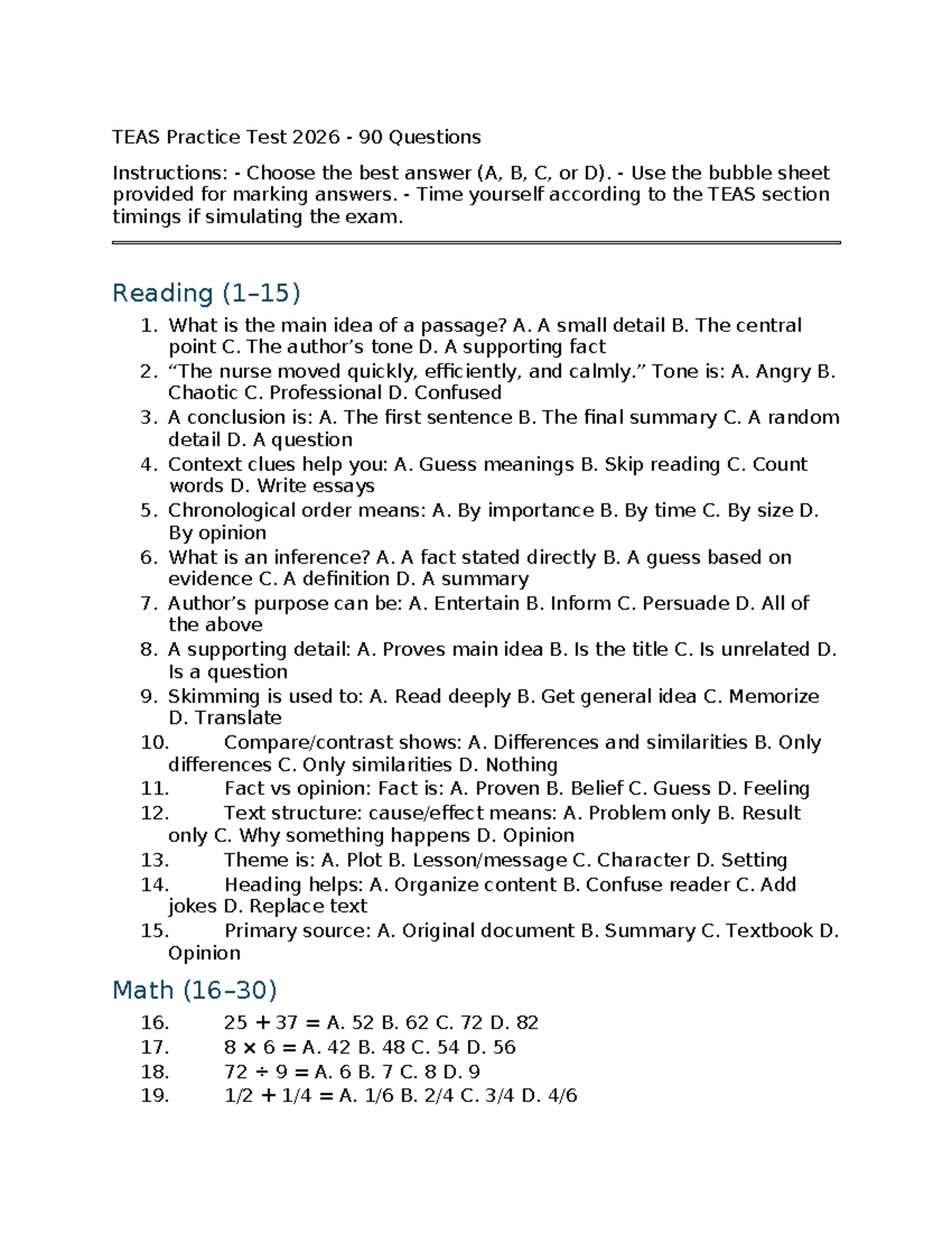 TEAS 2026 Practice Quiz: 90 Questions with Answer Key - Studocu