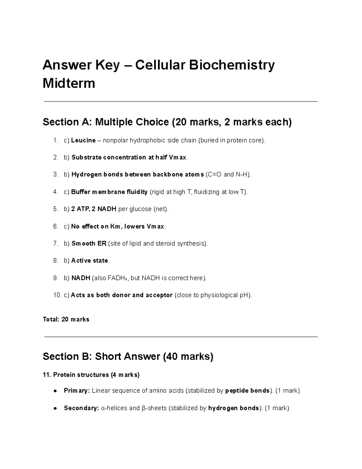 Cellular Biochemistry - Midterm Exam A Answer Key (20 Marks) - Studocu