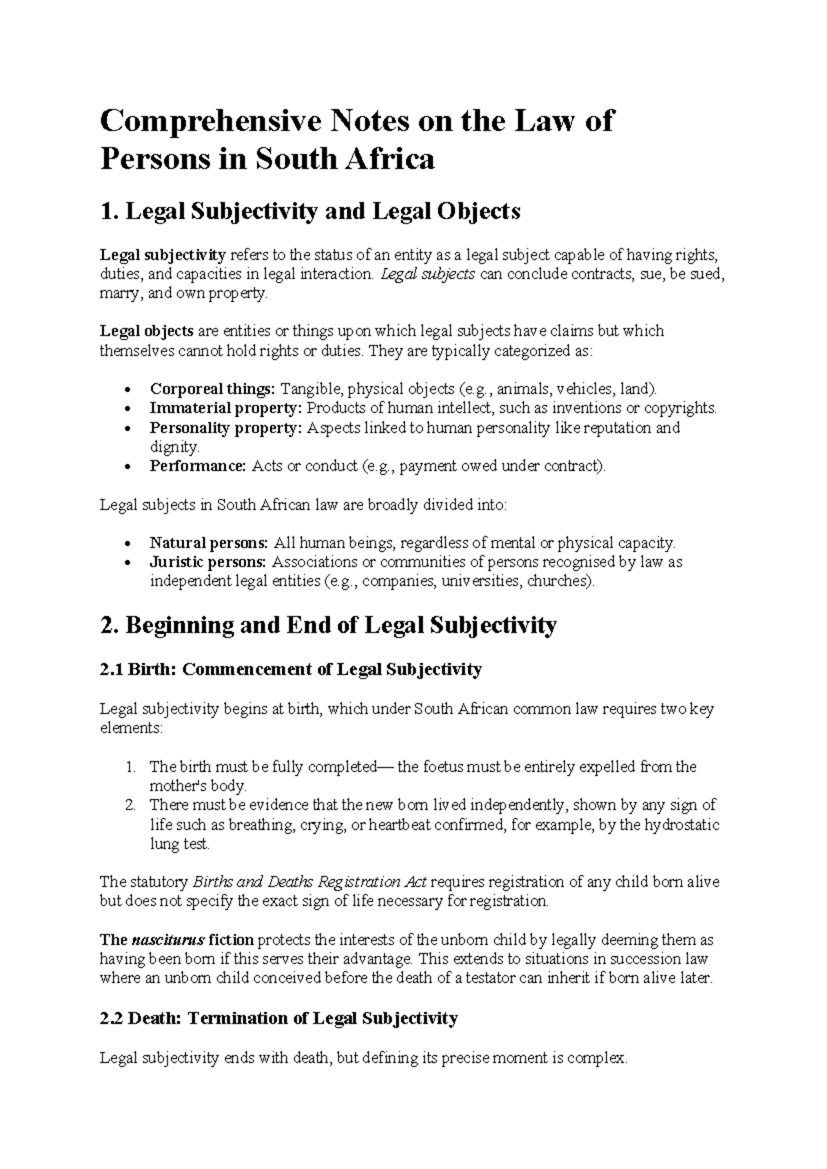 Comprehensive Notes on the Law of Persons in South Africa - Studocu