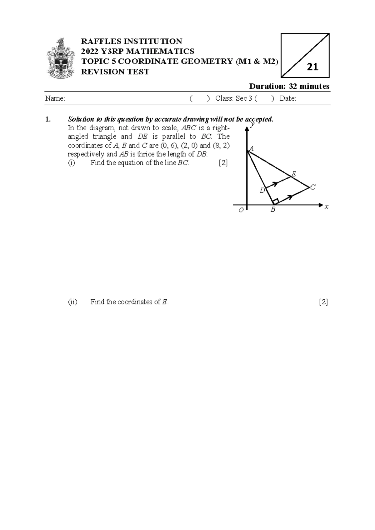 RAFFLES INSTITUTION MATHS 1 & 2 YEAR 3 TOPICAL QUIZ: COORDINATE ...