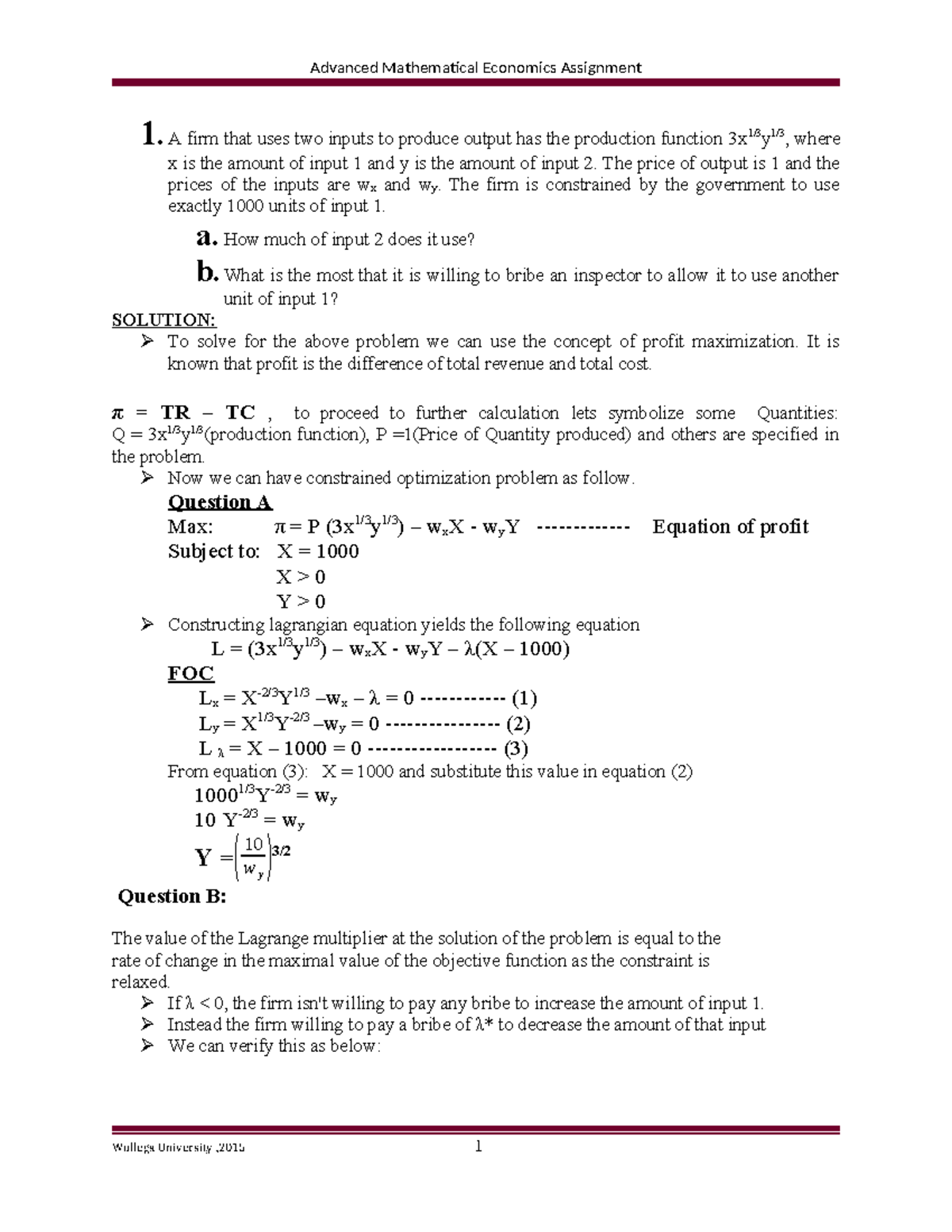 Advanced Mathematical Economics Assignment 1: Production Function ...