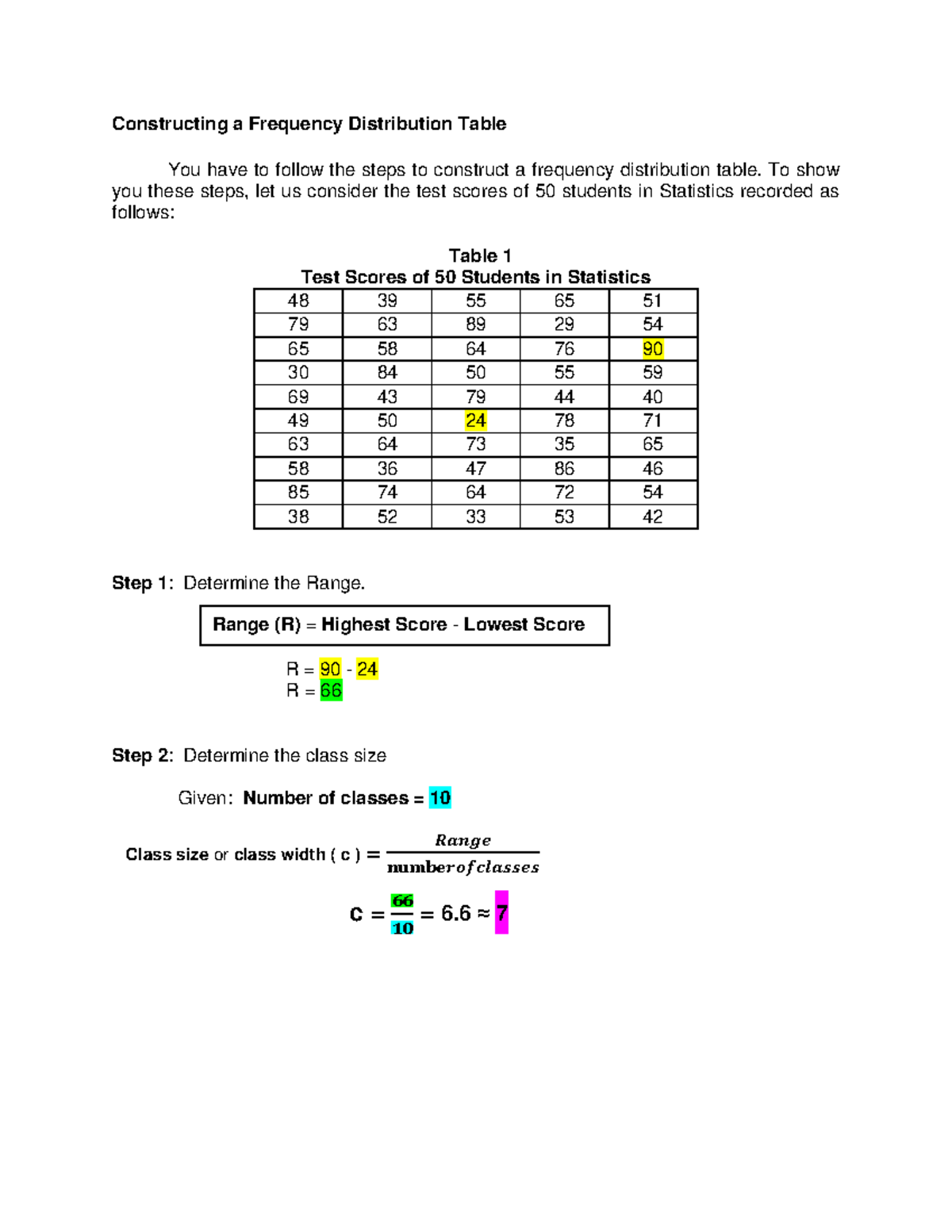 Constructing a Frequency Distribution Table: Steps 1-10 (2nd Sem) - Studocu