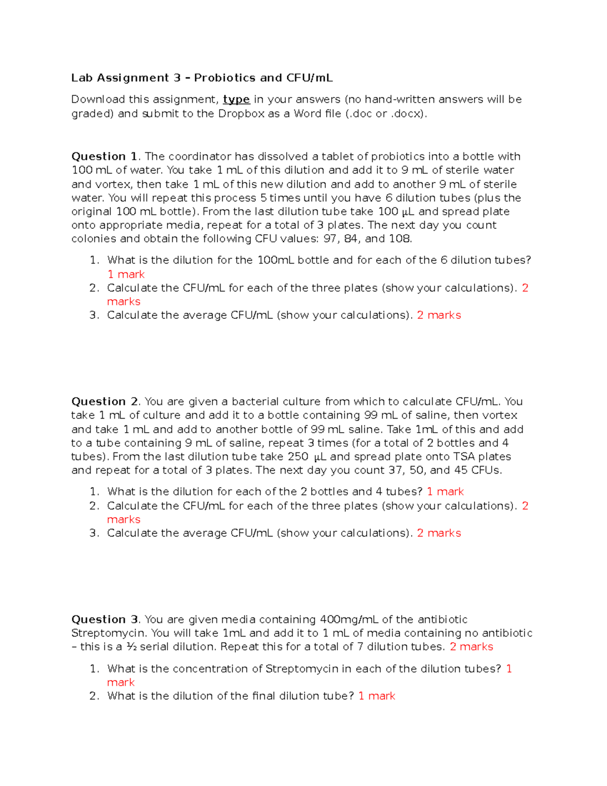 Lab Assignment 3 F24 - Lab Assignment 3 – Probiotics and CFU/mL ...