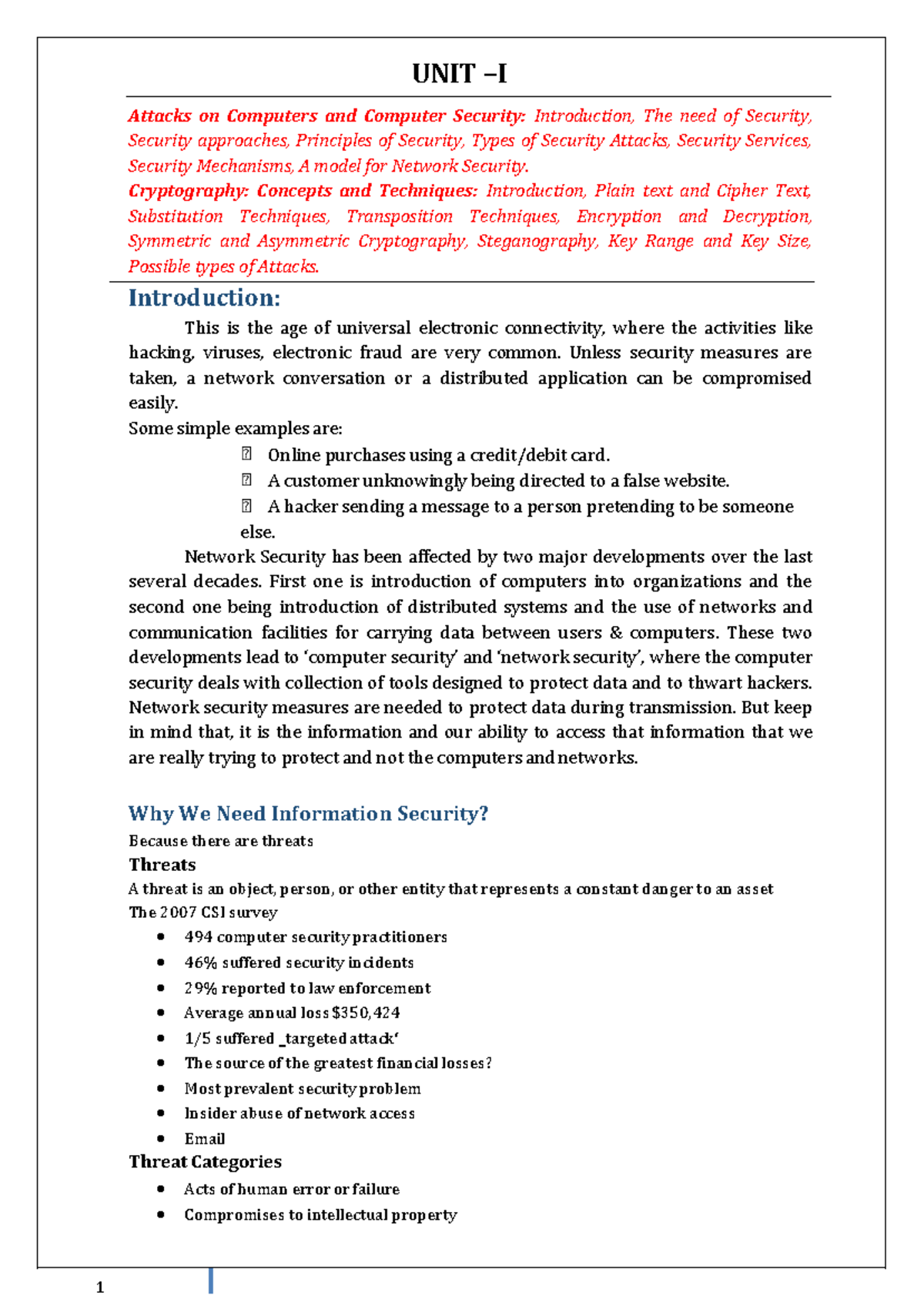 CNS UNIT-I: Overview of Cryptography & Network Security Concepts - Studocu
