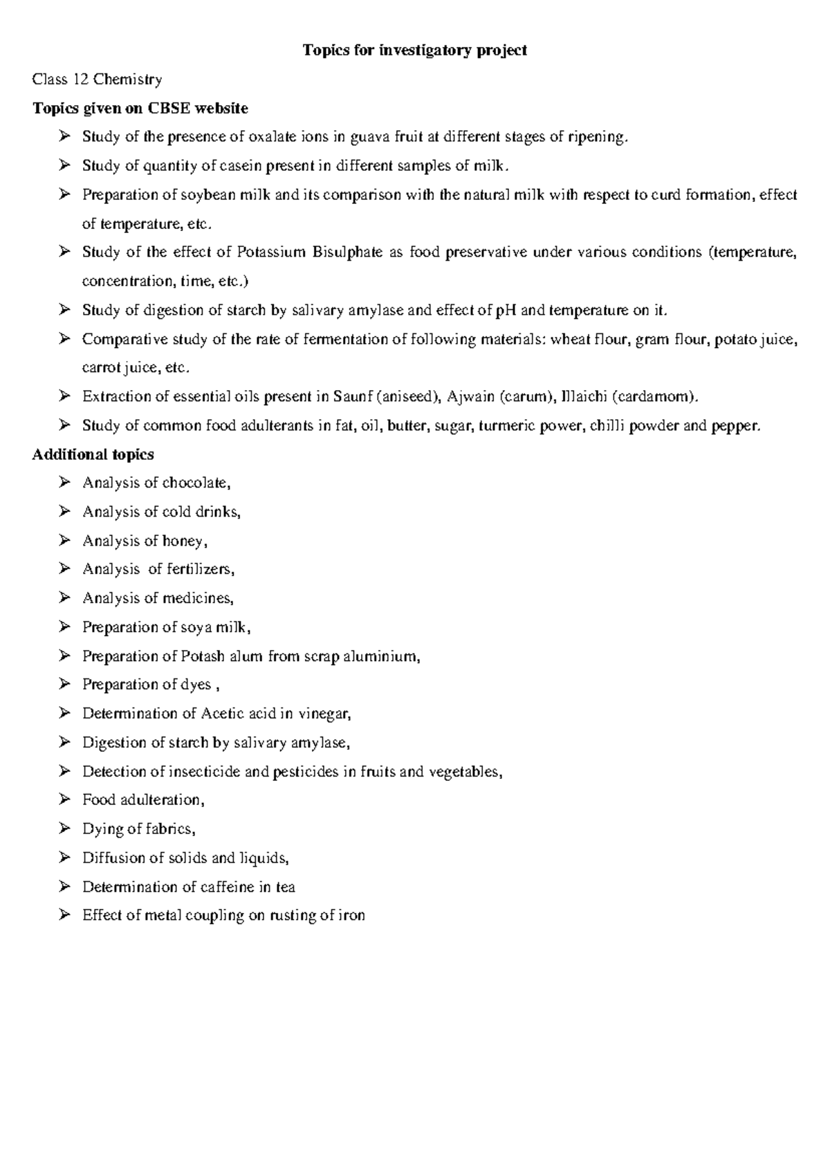 Class 12 Chemistry Investigatory Project Topics and Experiments - Studocu