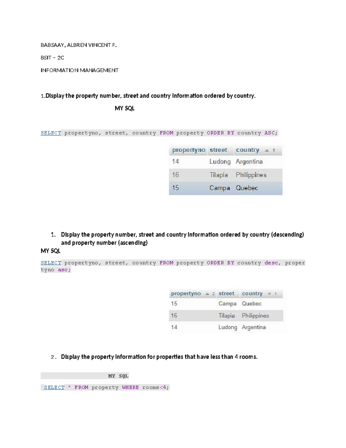 BSIT 2C: Information Management 1 - SQL Queries and Examples - Studocu
