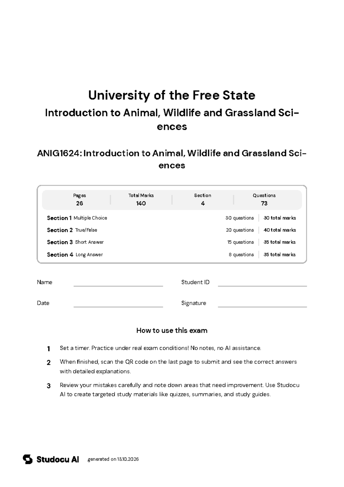 ANIG1624: Final Exam on Animal and Wildlife Sciences - Studocu
