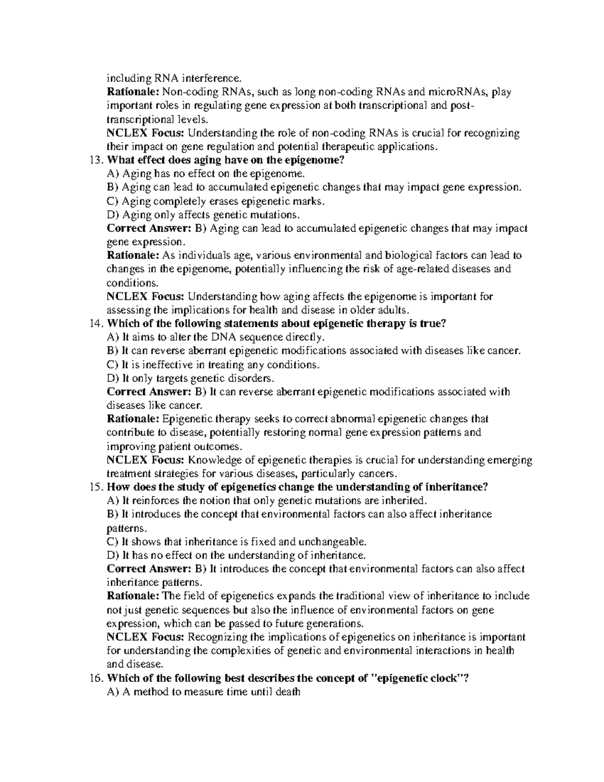 Genetics Test Bank: RNA Interference & Epigenetics NCLEX Focus - Studocu