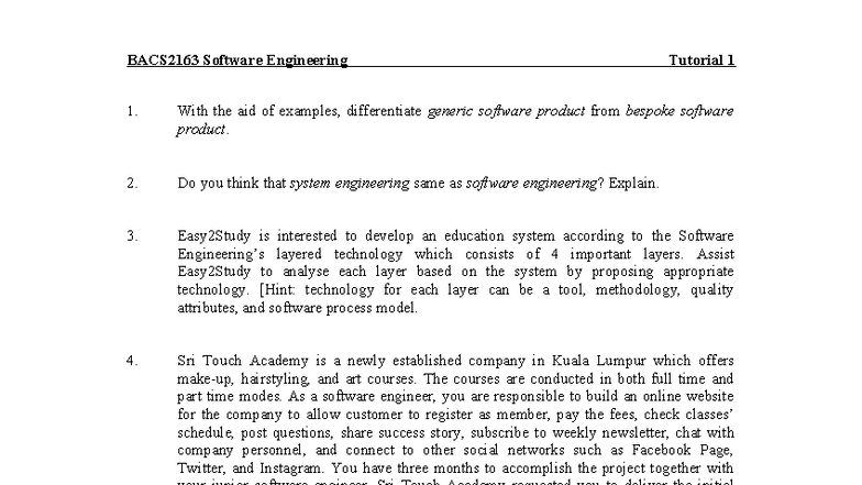 BACS2163 Software Engineering Tutorial 1: Key Concepts & Case Studies ...