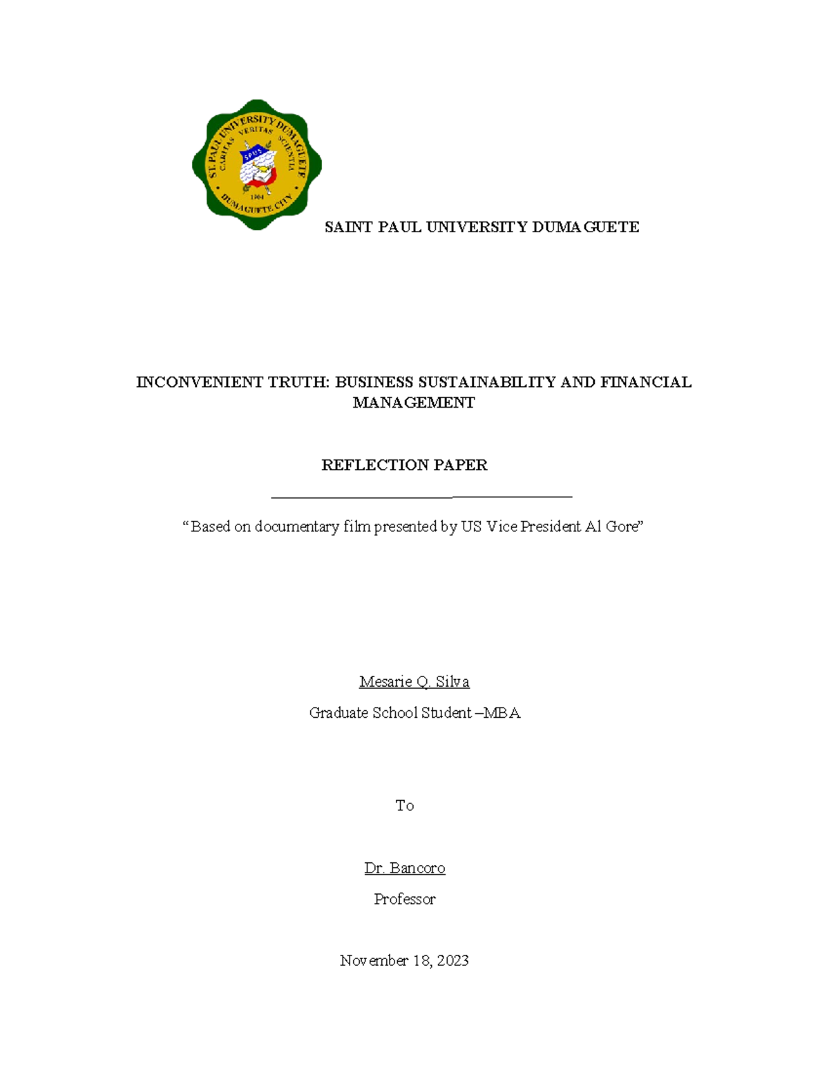 Mesarie Silva Reflection Paper - SAINT PAUL UNIVERSITY DUMAGUETE ...