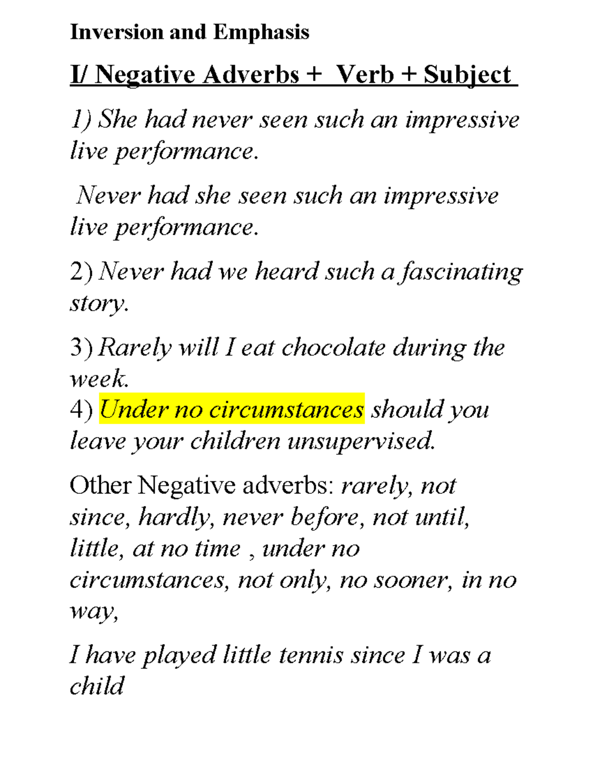 Inversion and Emphasis: Negative Adverbs and Verb Subject - Studocu