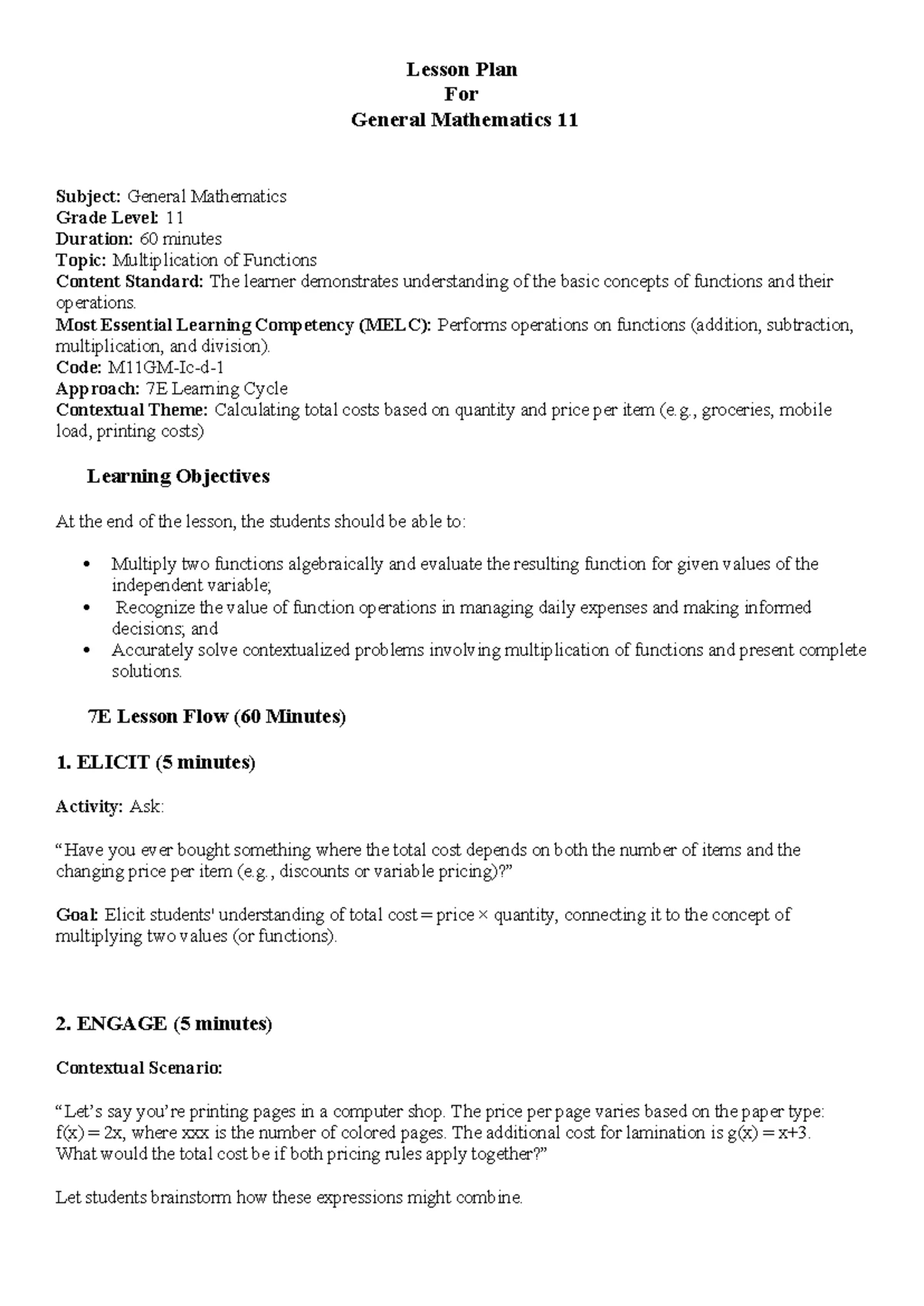Lesson Plan: Subtraction of Functions in General Math 11 - Studocu