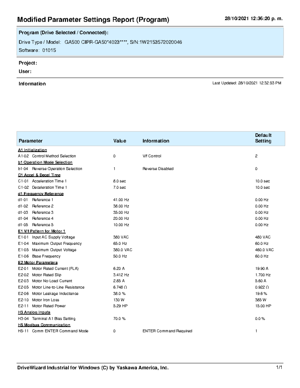 T-26 modificado - .... - Information Modified Parameter Settings Report ...