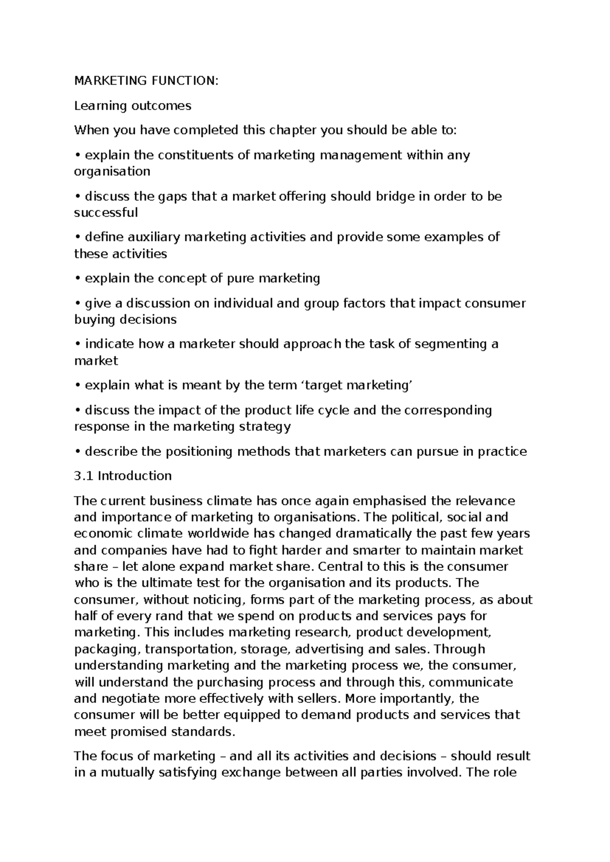 Marketing Function: Chapter 3 Overview and Learning Outcomes - Studocu