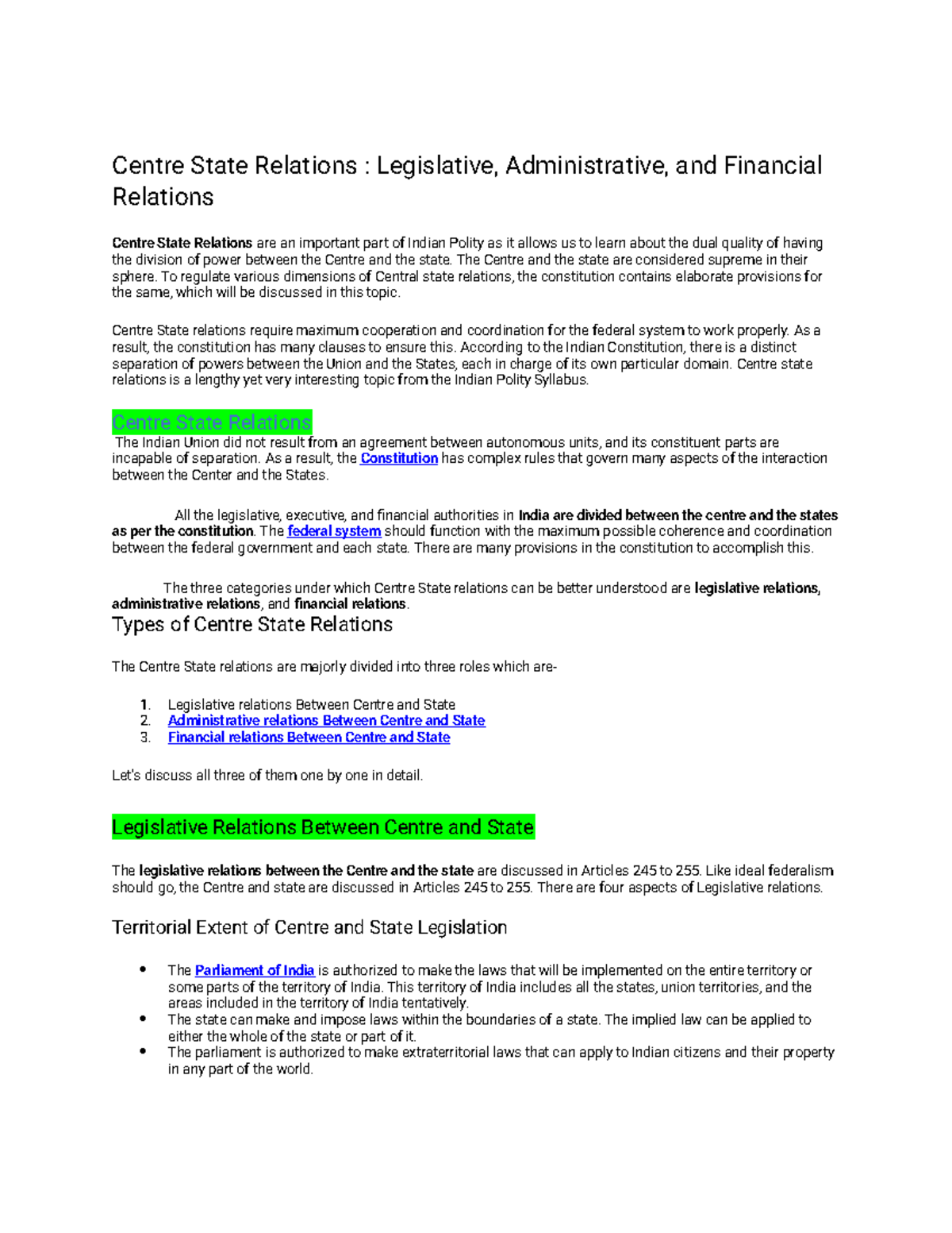 Centre - State Relation - Centre State Relations : Legislative ...