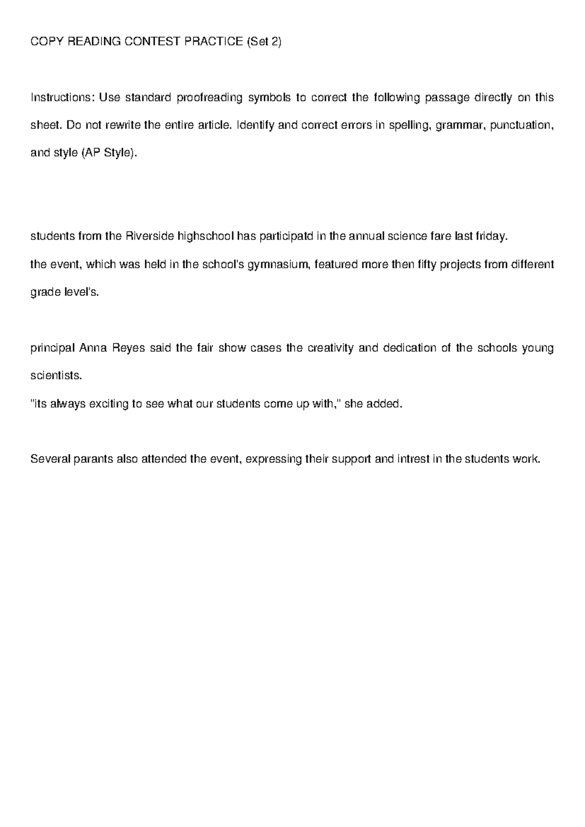 COPY READING PRACTICE SET 2: Proofreading Exercise - Studocu