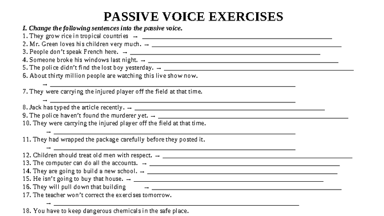 Passive Voice Exercises I: Transforming Sentences to Passive - Studocu