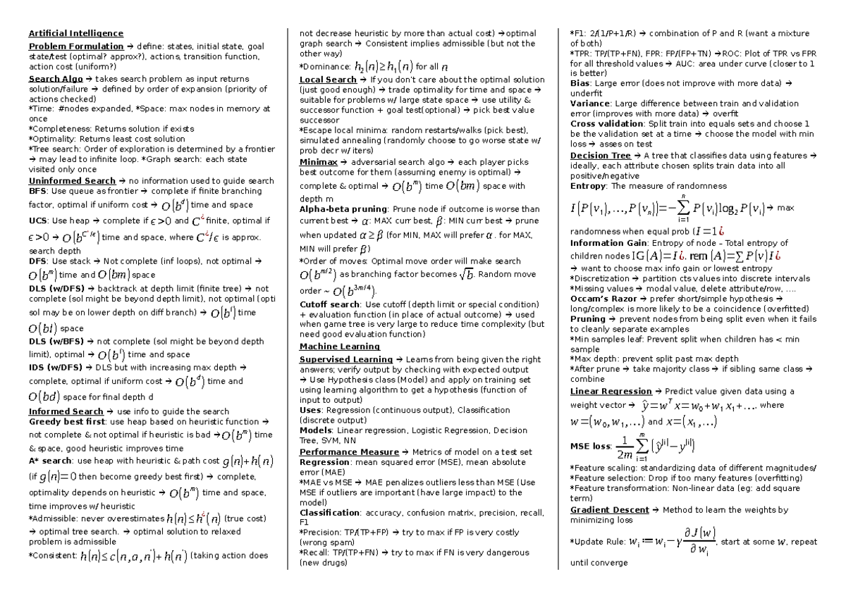 AI Problem Formulation & Search Algorithms Cheat Sheet - Studocu