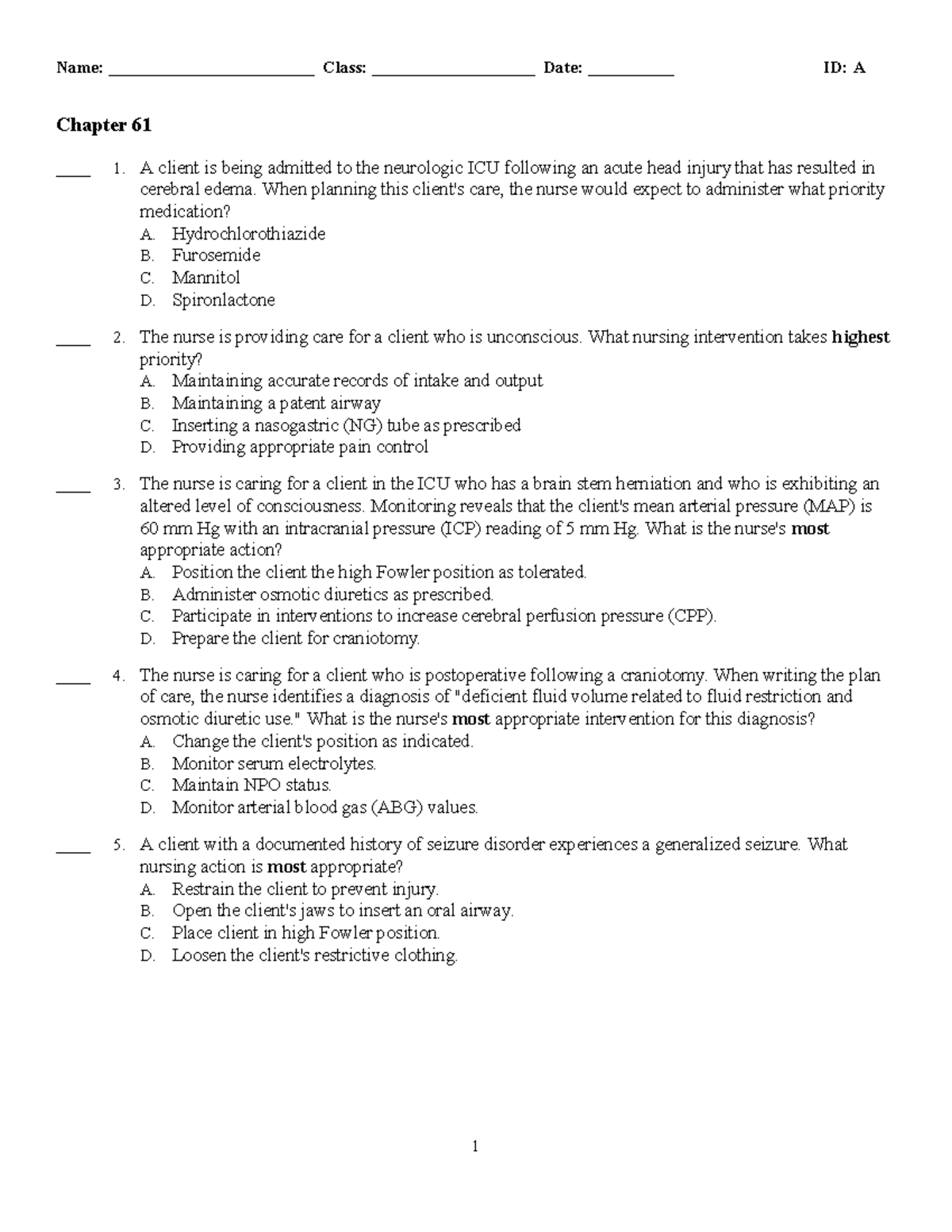 Ch 61: Key Concepts and Nursing Interventions in Neurologic Care - Studocu
