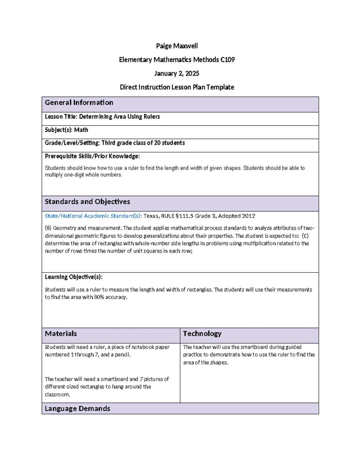 C109 Elem Mathematics Methods TASK 1 - Direct Instruction Lesson Plan ...