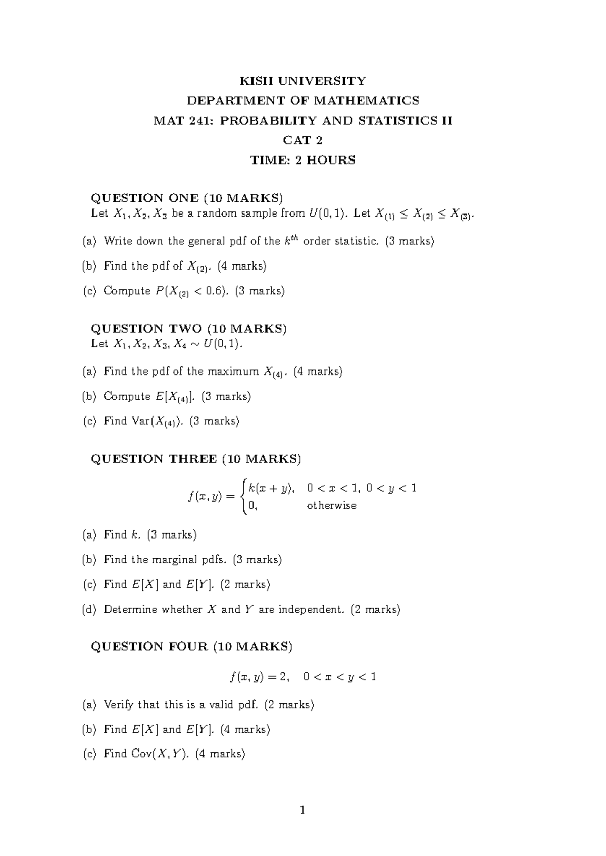 MAT 241: Probability and Statistics II CAT 2 Workshop 2 Notes - Studocu