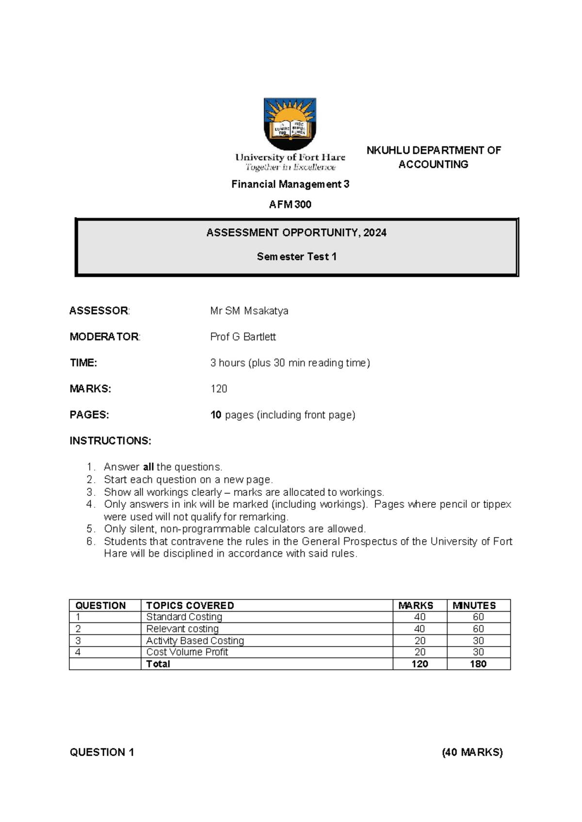 AFM 300 Financial Management 3 Semester Test 1 (2024) Guide - Studocu