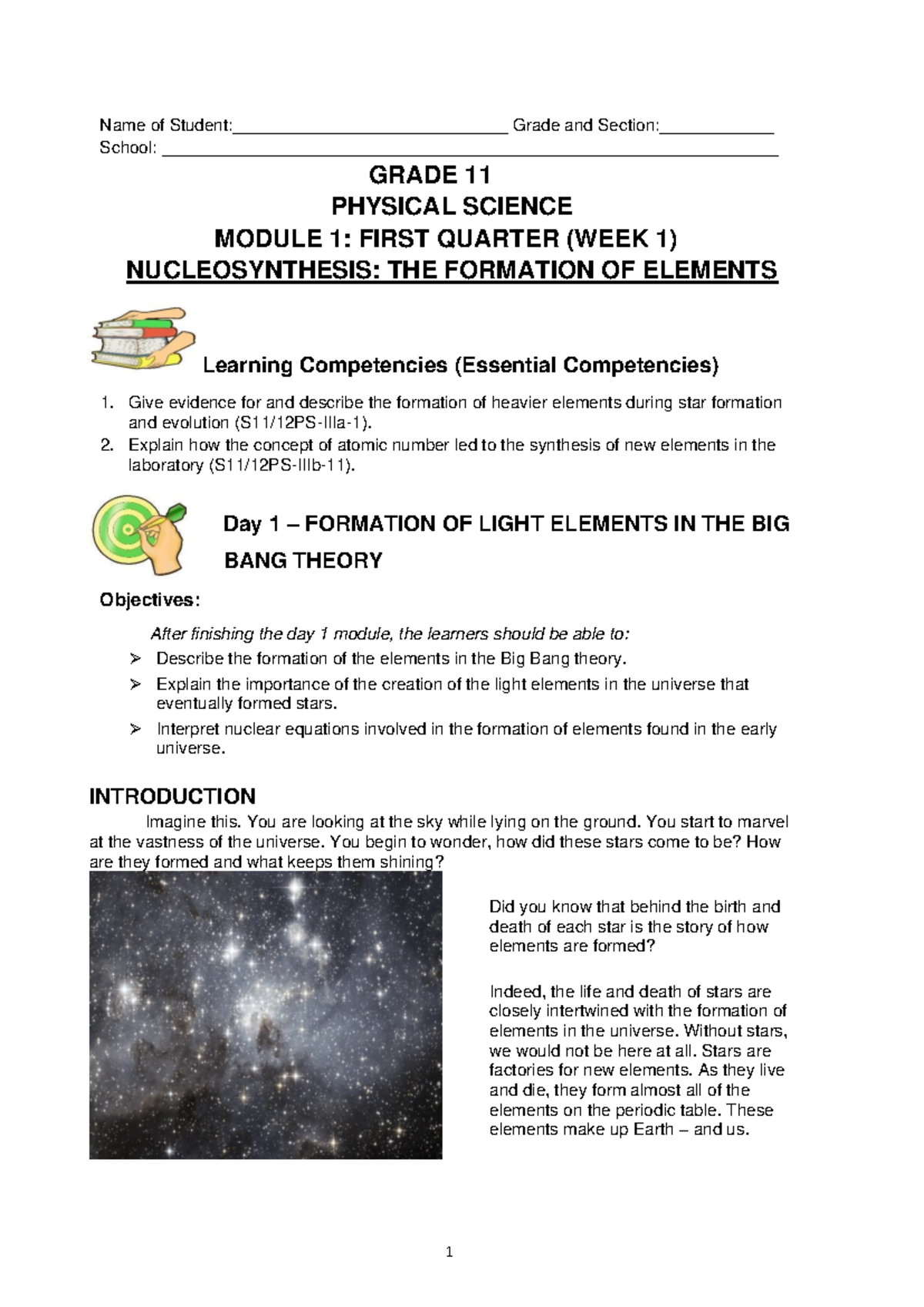 GRADE 11 PHYSICAL SCIENCE MODULE 1: NUCLEOSYNTHESIS & ELEMENT FORMATION ...
