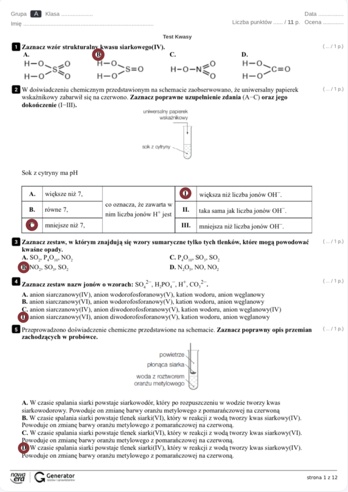 Kwasy Sprawdzian Klasa 8 Krzyzowka