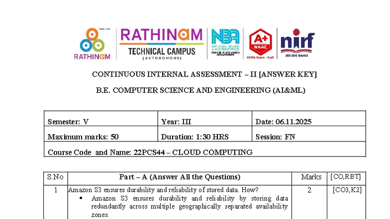 CC 22PCS44 Cloud Computing Continuous Internal Assessment II Answer Key ...