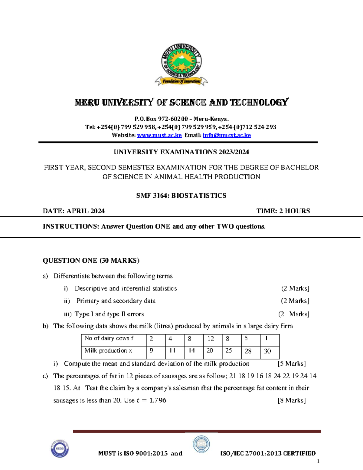 SMF 3164: Biostatistics Final Exam Review Notes - Studocu