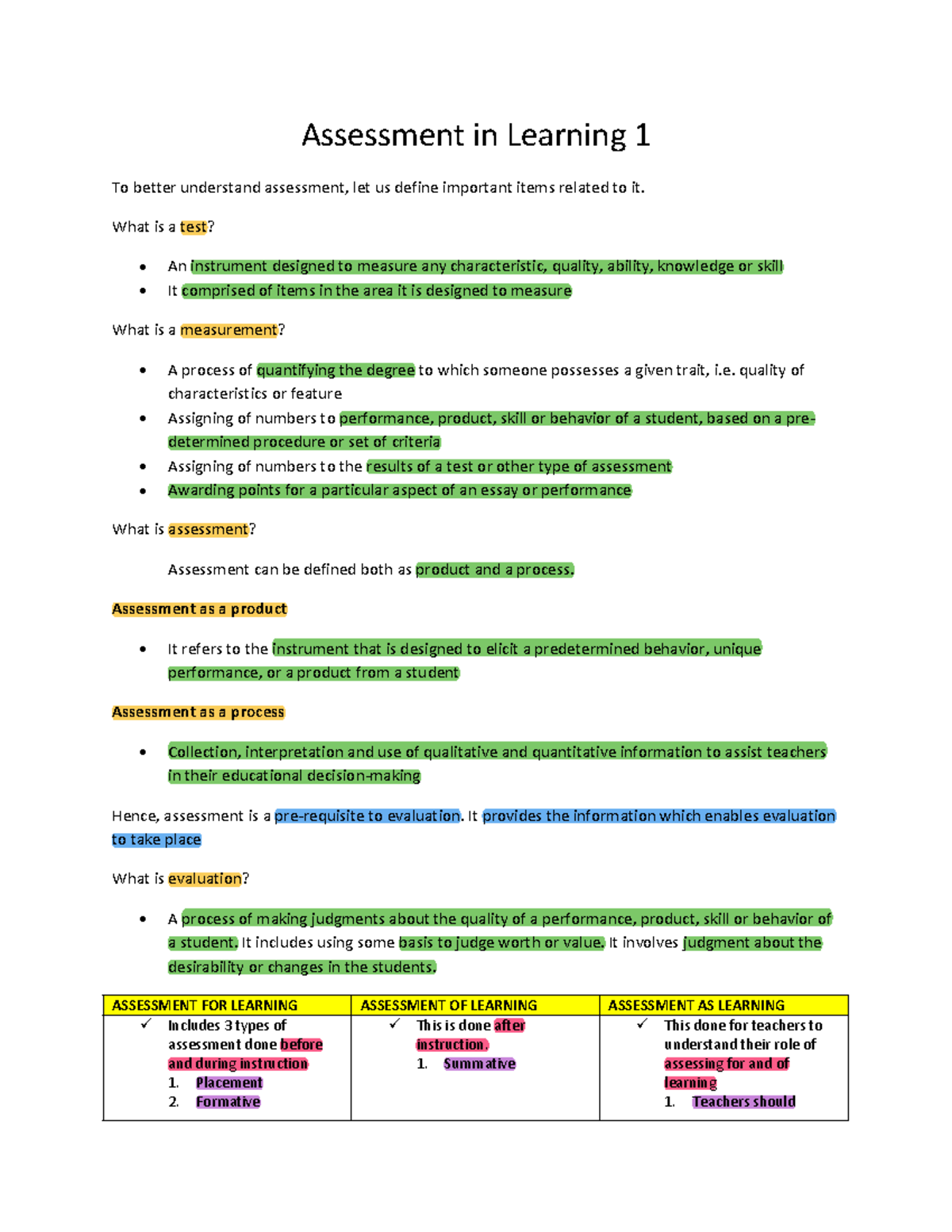 Assessment in Learning 1: Key Concepts and Types of Assessment - Studocu