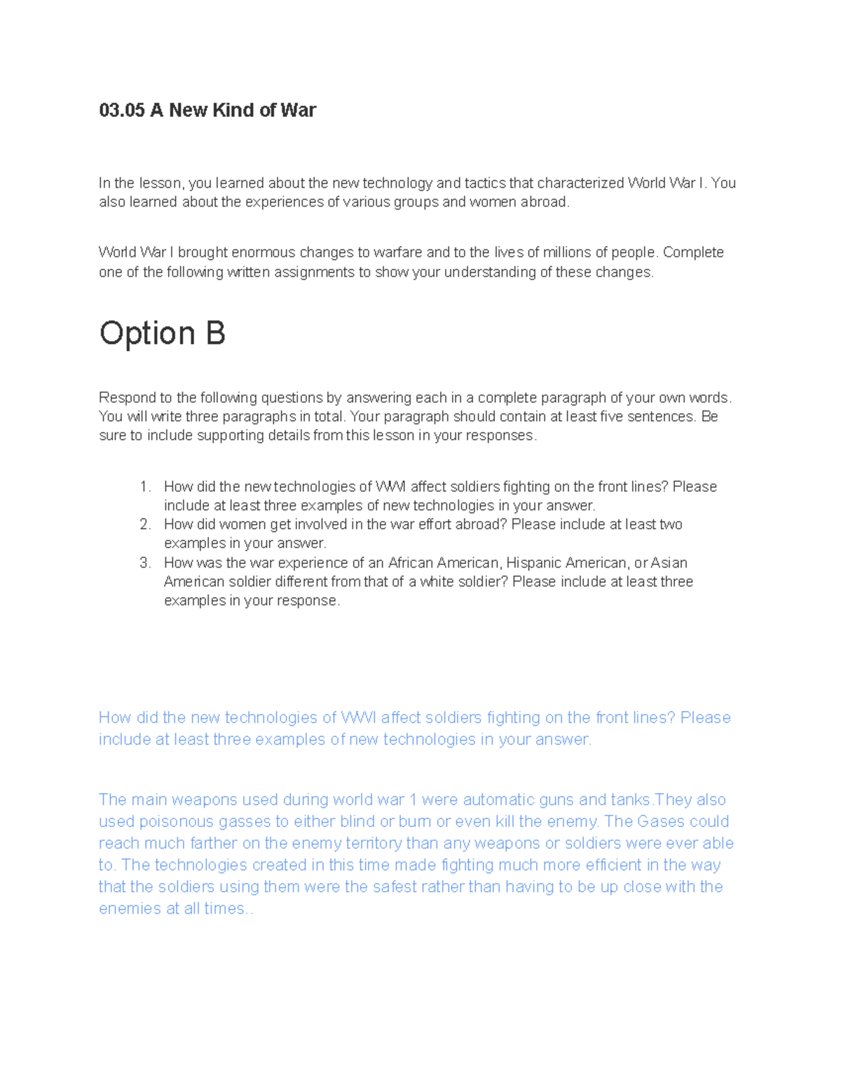 03.05 WWI Technology and Social Dynamics - Written Assignment Guide ...