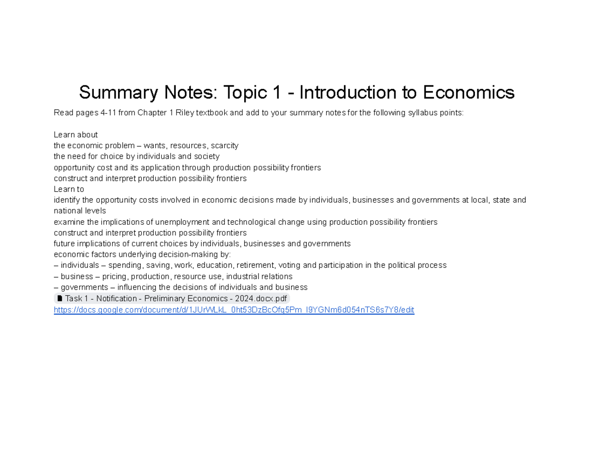 Summary Notes for Intro to Economics (ECO101) - Topic 1 Overview - Studocu