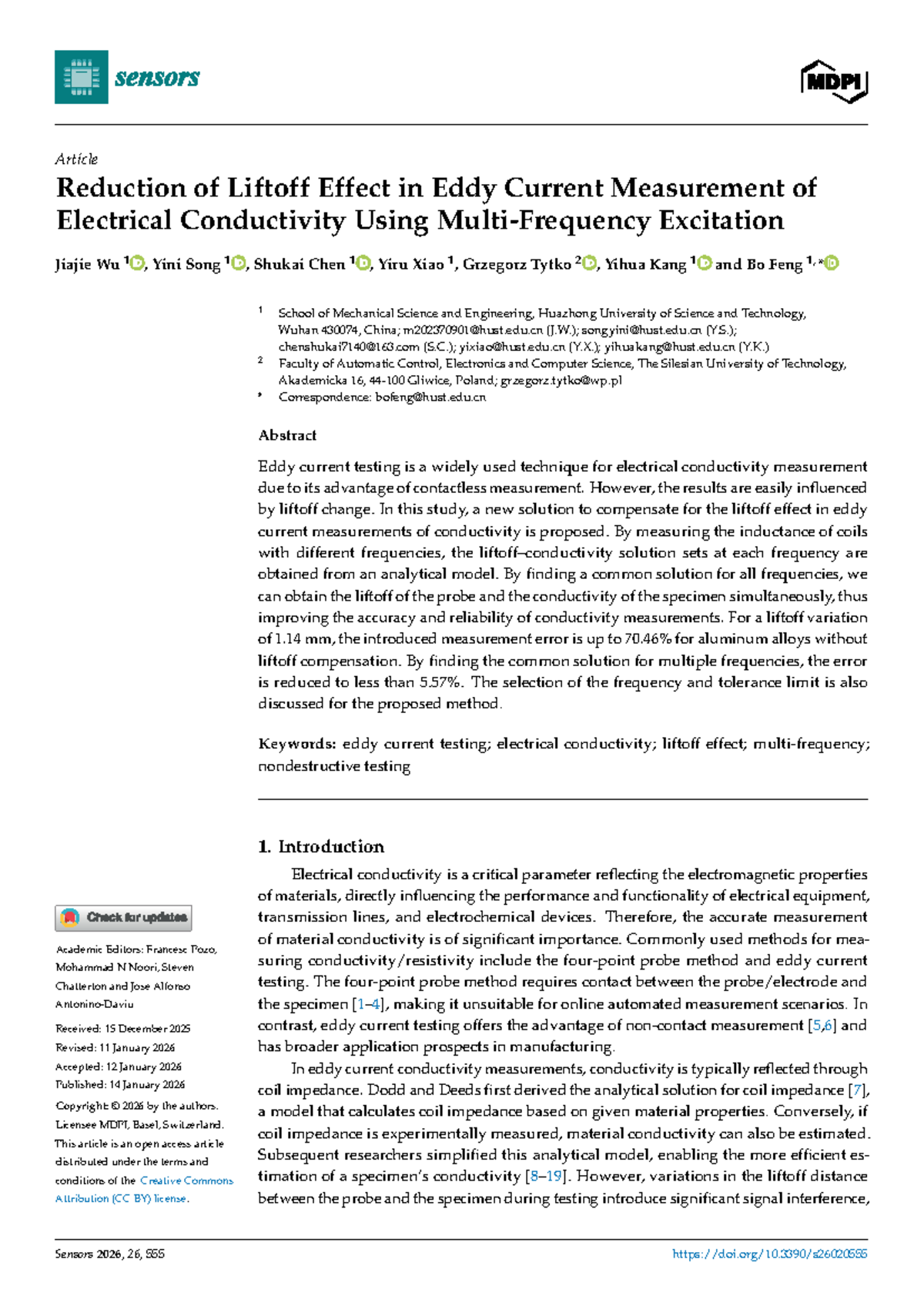 Reduction of Liftoff Effect in Eddy Current Conductivity Measurement ...