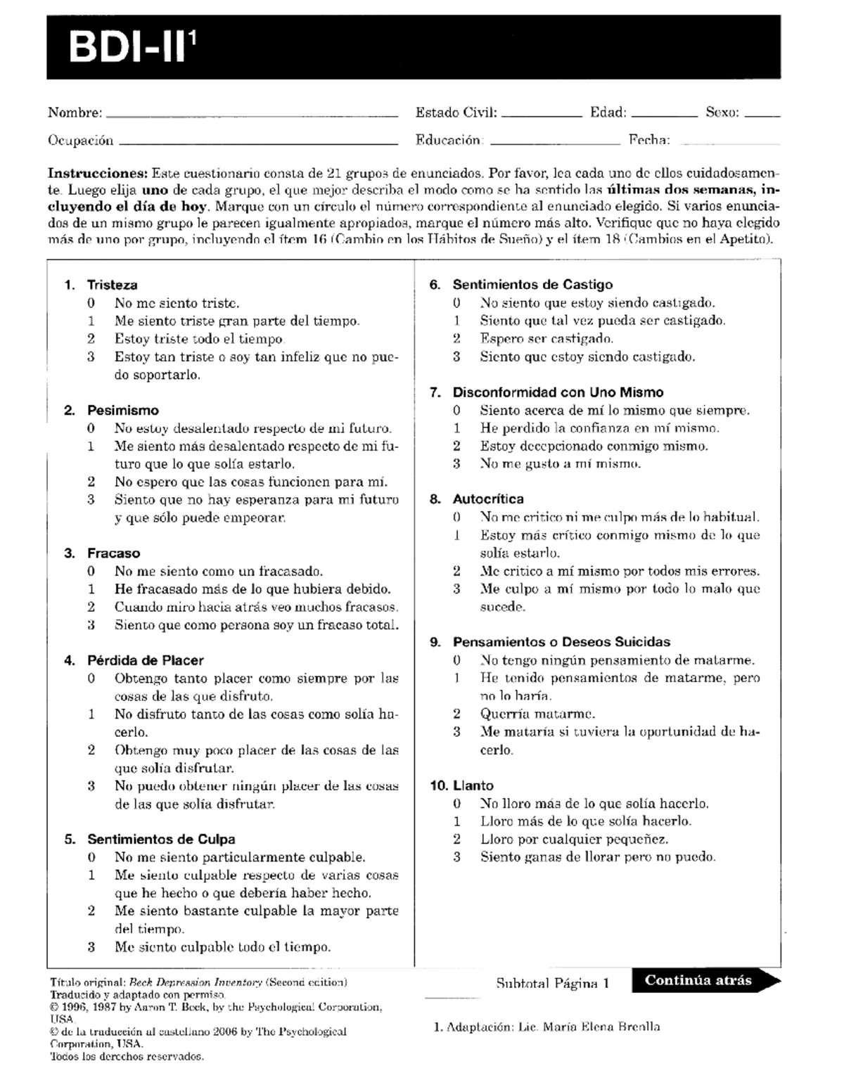CUESTIONARIO BDI II: Inventario de Depresión de Beck (2ª Edición) - Document Preview